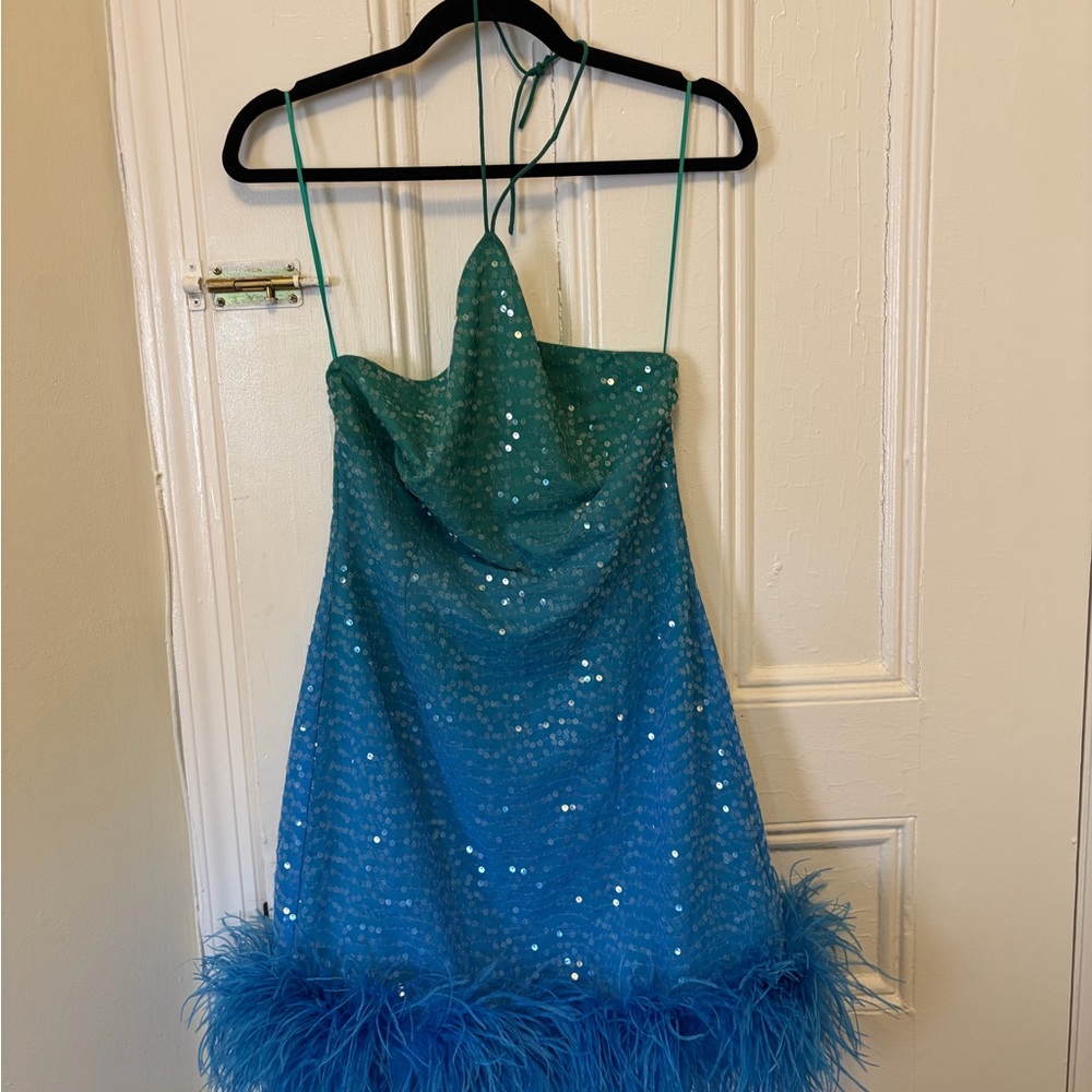 Sequin Ombre Cowl Mini Dress with Feather Hem
